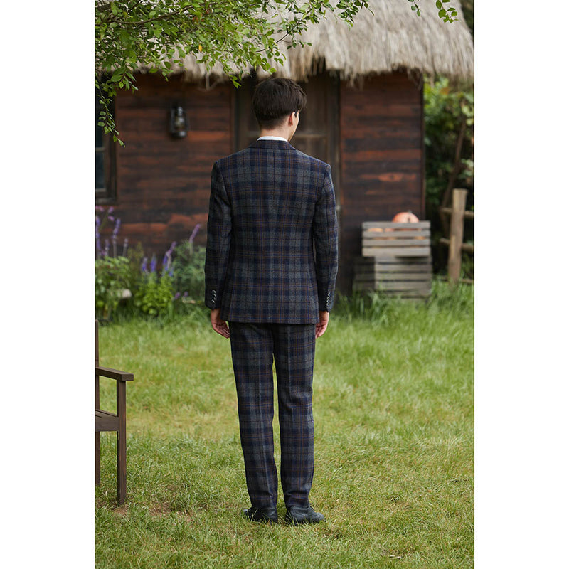 Navy Blue Grey Windowpane Twill Tweed 3 Piece Suit