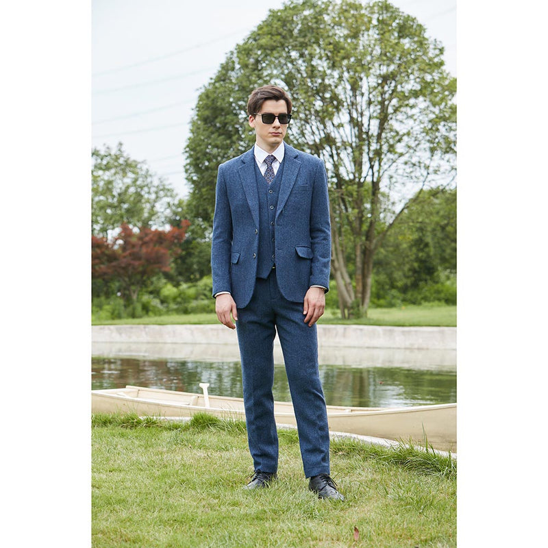 Blue Herringbone Tweed 3 Piece Suit