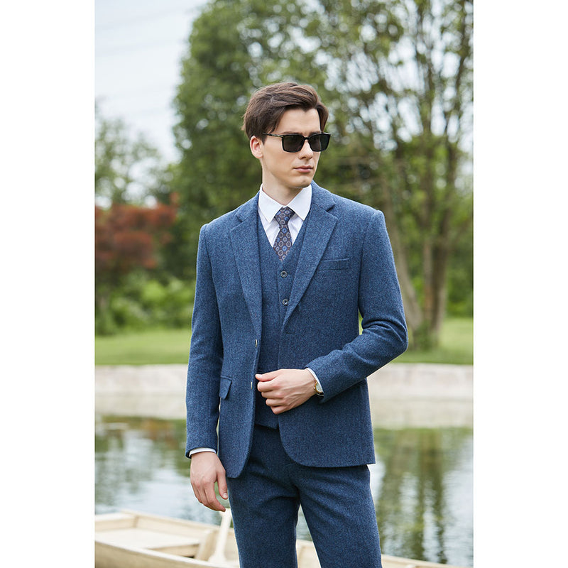 Blue Herringbone Tweed 3 Piece Suit