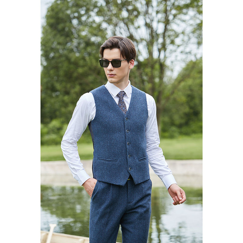 Blue Herringbone Tweed 3 Piece Suit