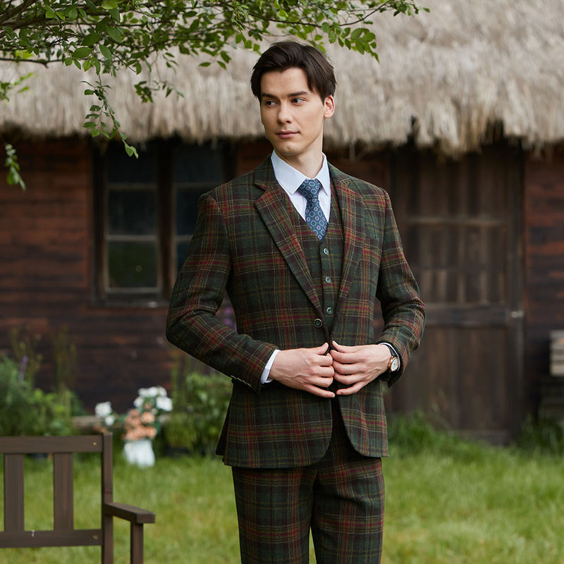 Green Red Windowpane Twill Tweed 3 Piece Suit