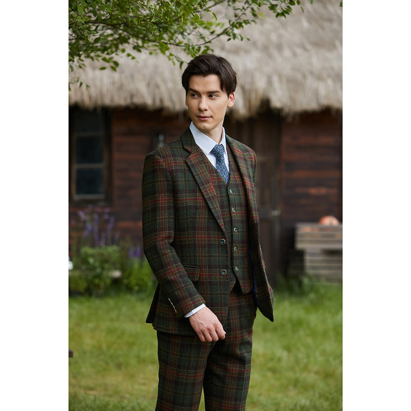 Green Red Windowpane Twill Tweed 3 Piece Suit