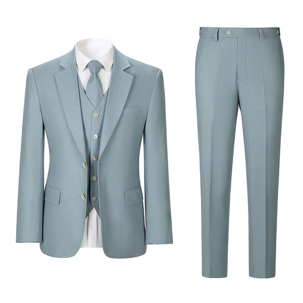 Men Light Blue Herringbone Linen 3 pcs Suit Slim Fit Beach Wedding Tuxedo
