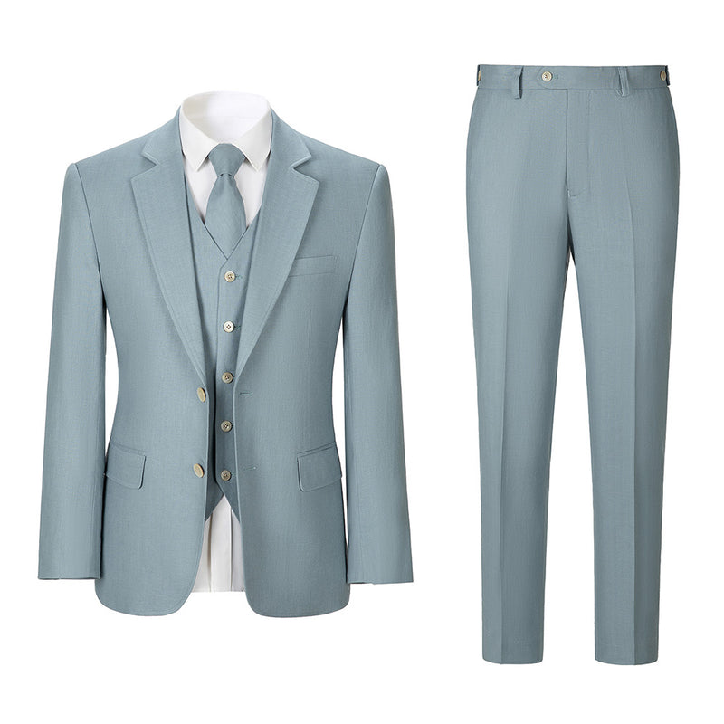 Men Light Blue Herringbone Linen 3 pcs Suit Slim Fit Beach Wedding Tuxedo