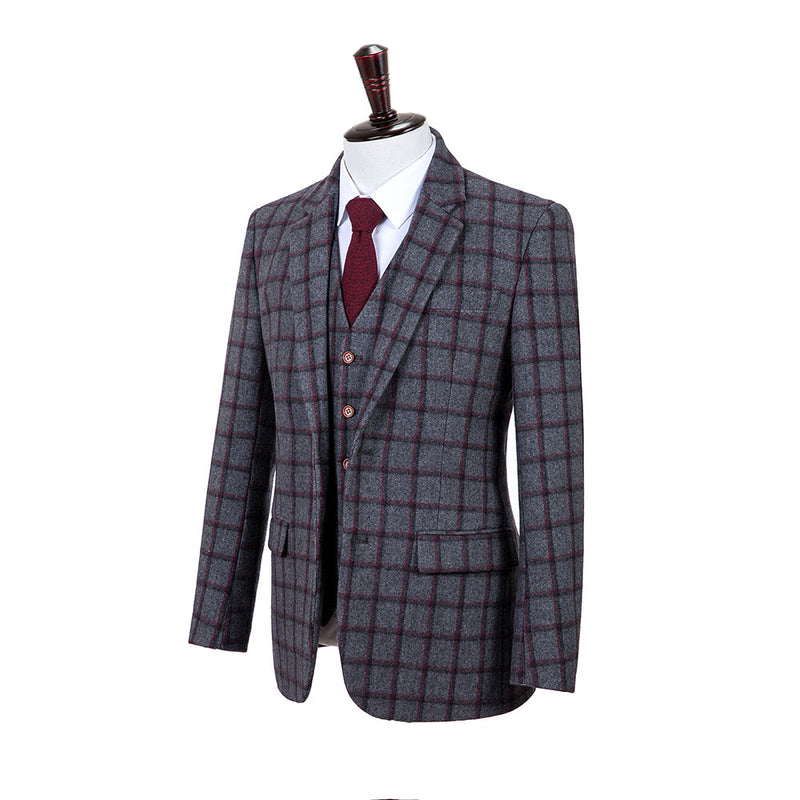 Grey Red Windowpane Tweed 3 Piece Suit - Yoosuitan