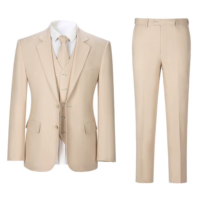Men Cream Herringbone Linen 3 pcs Suit Slim Fit Beach Wedding Tuxedo