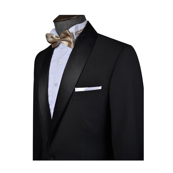 Black Worsted Wool 2 Piece Tuxedo Shawl Lapel Jacket and Pants - Yoosuitan