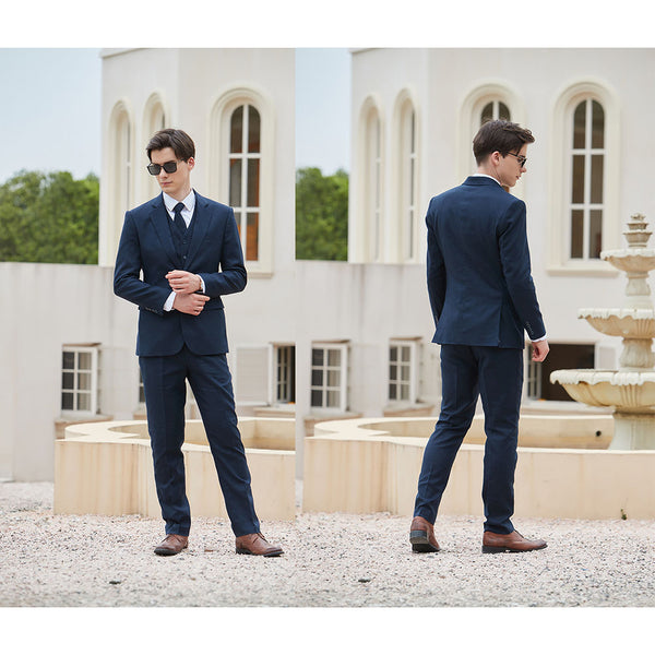 Men Navy Herringbone Linen 3 pcs Suit Slim Fit Beach Wedding Tuxedo