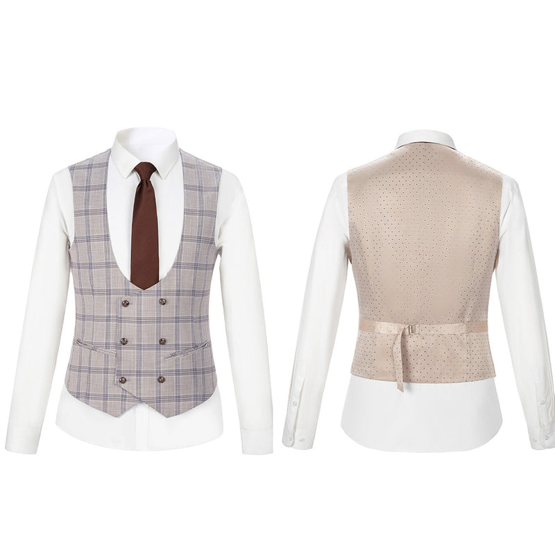 Men Regular Fit Cream Plaid 3 pcs Suit Jacket Vest Pants