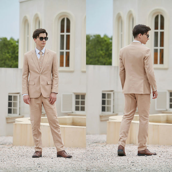 Men Tawny Herringbone Linen 3 pcs Suit Slim Fit Beach Wedding Tuxedo