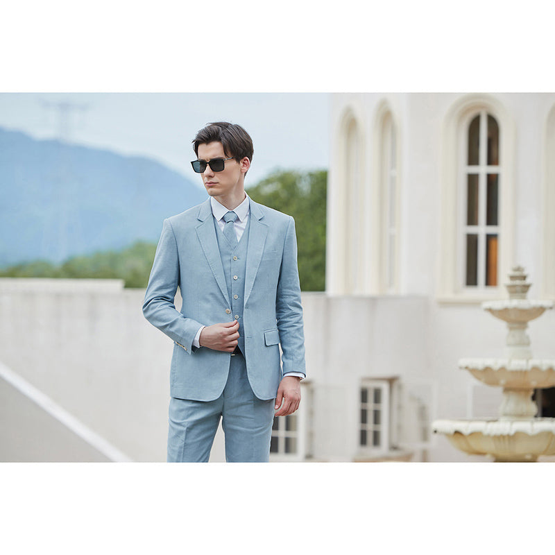 Men Light Blue Herringbone Linen 3 pcs Suit Slim Fit Beach Wedding Tuxedo