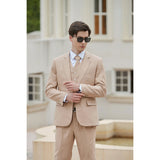 Men Tawny Herringbone Linen 3 pcs Suit Slim Fit Beach Wedding Tuxedo