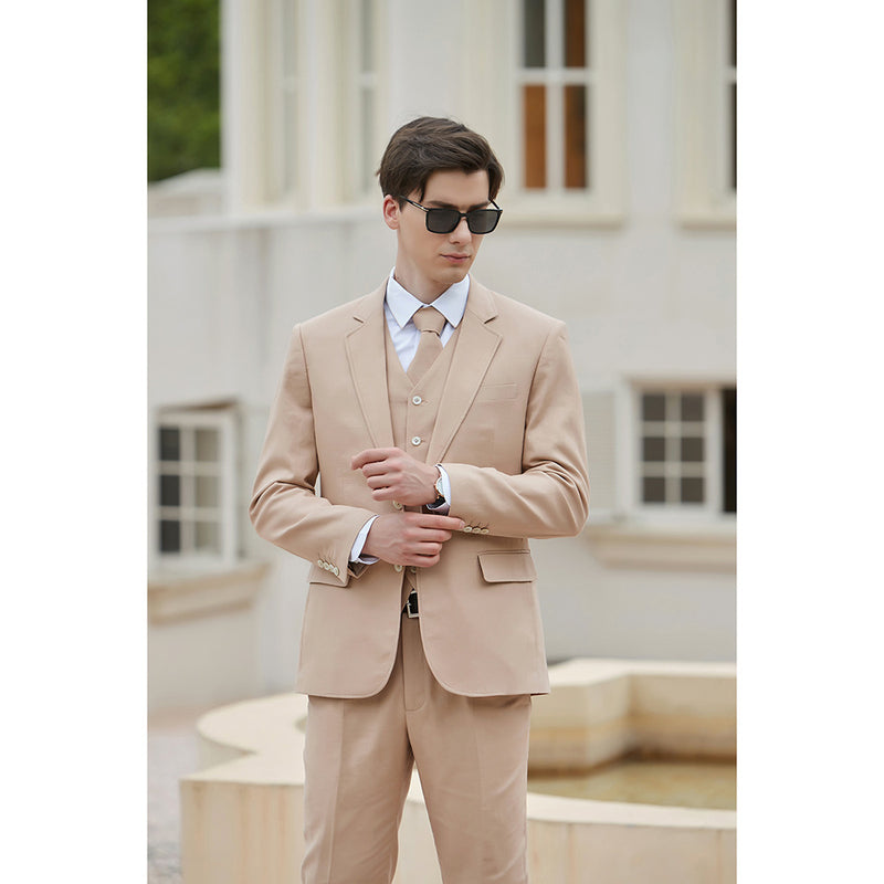 Men Tawny Herringbone Linen 3 pcs Suit Slim Fit Beach Wedding Tuxedo