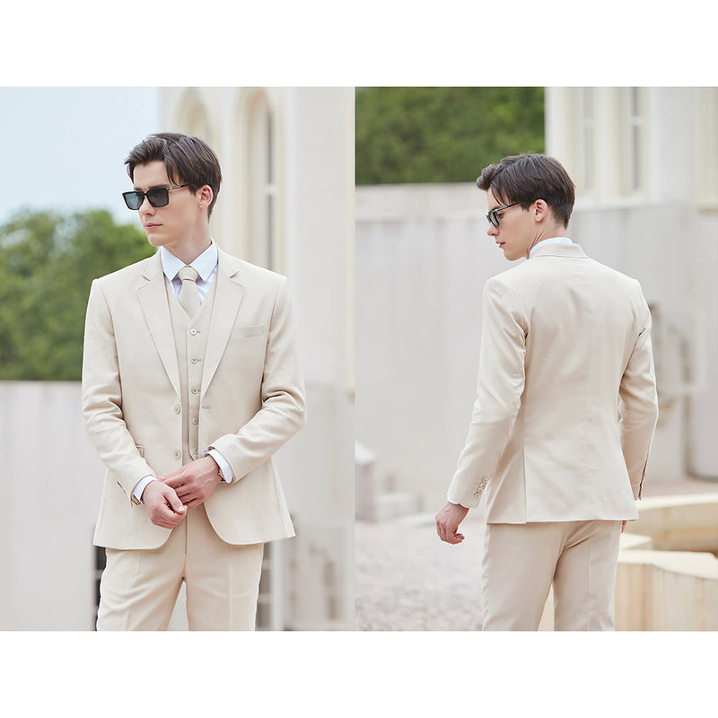 Men Cream Herringbone Linen 3 pcs Suit Slim Fit Beach Wedding Tuxedo