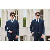 Men Navy Herringbone Linen 3 pcs Suit Slim Fit Beach Wedding Tuxedo