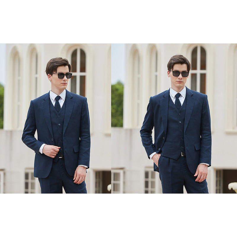 Men Navy Herringbone Linen 3 pcs Suit Slim Fit Beach Wedding Tuxedo