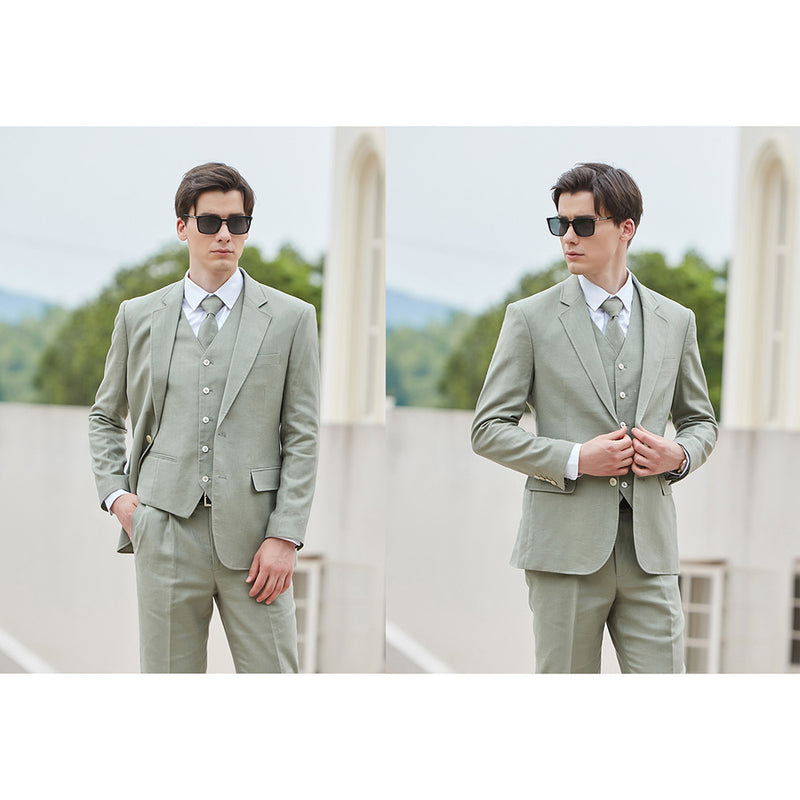 Men Mint Green Herringbone Linen 3 pcs Suit Slim Fit Beach Wedding Tuxedo