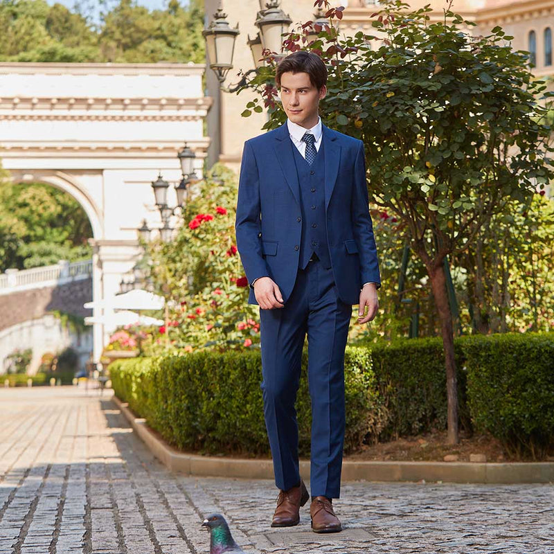 Men Slim Fit Navy Plaid 3 pcs Suit Jacket Vest Pants