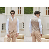Men Tawny Herringbone Linen 3 pcs Suit Slim Fit Beach Wedding Tuxedo