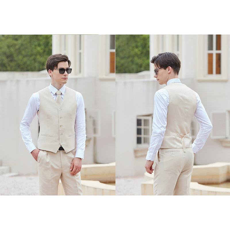 Men Cream Herringbone Linen 3 pcs Suit Slim Fit Beach Wedding Tuxedo