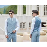 Men Light Blue Herringbone Linen 3 pcs Suit Slim Fit Beach Wedding Tuxedo