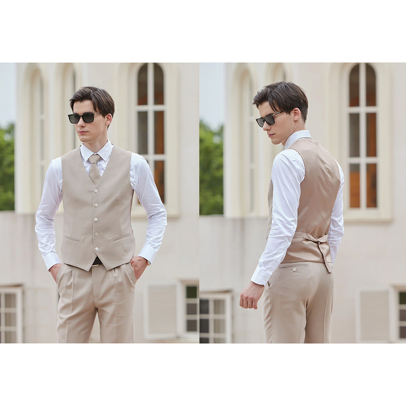 Men Sand Color Herringbone Linen 3 pcs Suit Slim Fit Beach Wedding Tuxedo