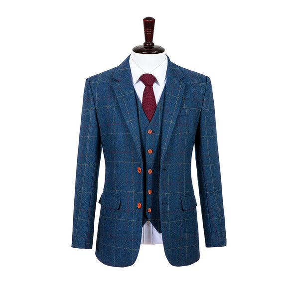 Blue Overcheck Tweed 3 Piece Suit - Yoosuitan