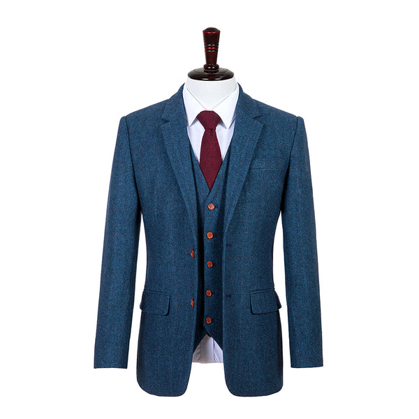 Blue Estate Herringbone Tweed 3 Piece Suit - Yoosuitan