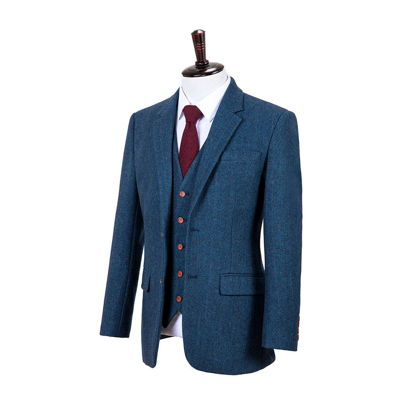 Blue Estate Herringbone Tweed 3 Piece Suit - Yoosuitan