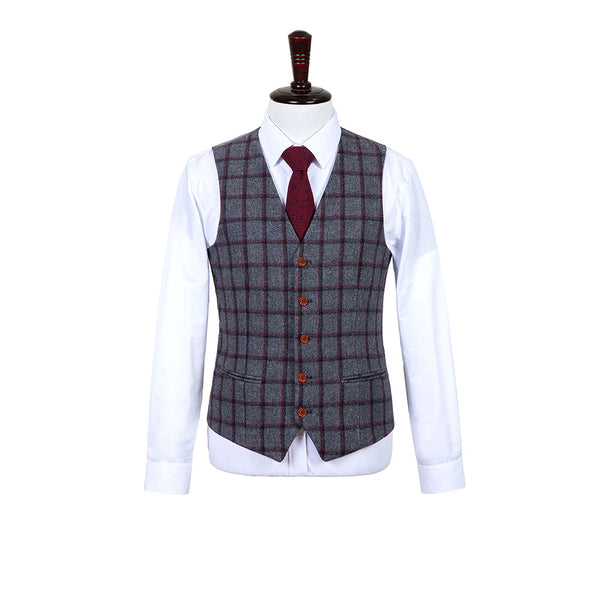 Grey Red Windowpane Tweed 3 Piece Suit - Yoosuitan