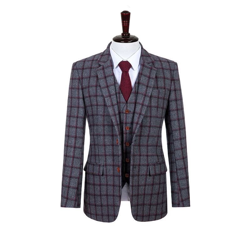 Grey Red Windowpane Tweed 3 Piece Suit - Yoosuitan