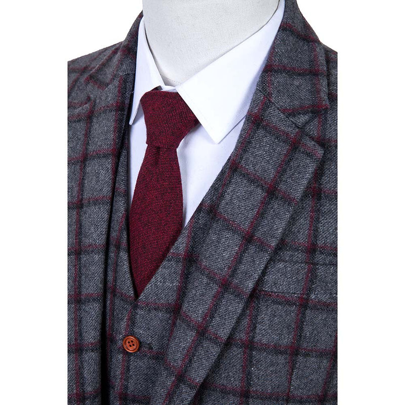 Grey Red Windowpane Tweed 3 Piece Suit - Yoosuitan