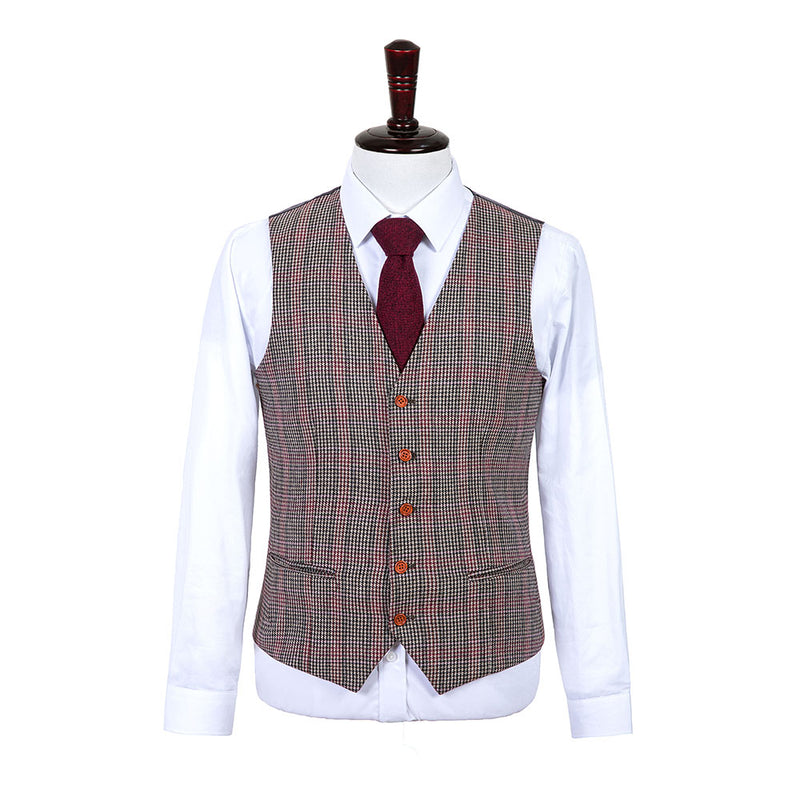 Brown Red Houndstooth Plaid Tweed 3 Piece Suit - Yoosuitan