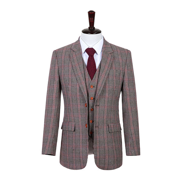 Brown Red Houndstooth Plaid Tweed 3 Piece Suit - Yoosuitan