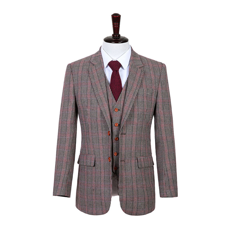 Brown Red Houndstooth Plaid Tweed 3 Piece Suit - Yoosuitan