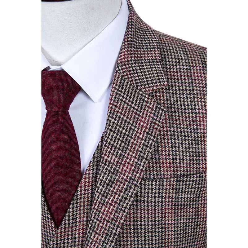 Brown Red Houndstooth Plaid Tweed 3 Piece Suit - Yoosuitan