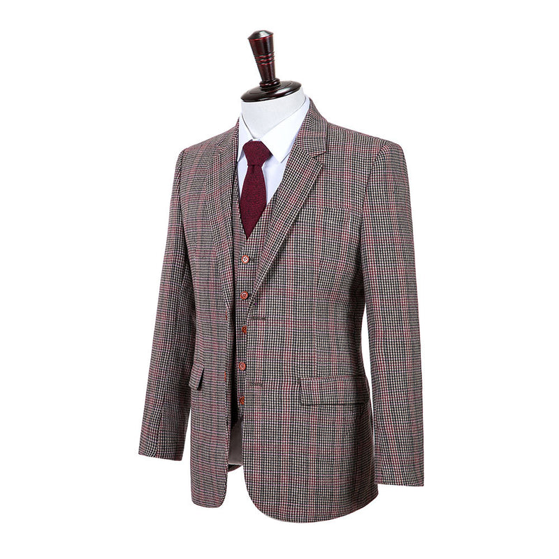 Brown Red Houndstooth Plaid Tweed 3 Piece Suit - Yoosuitan