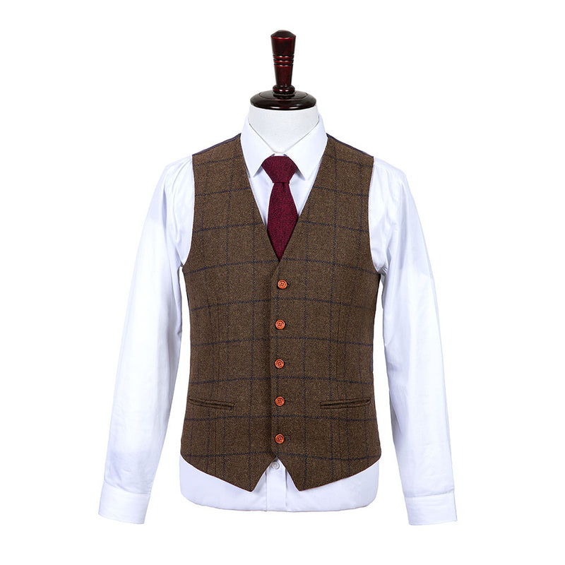 Country Brown Windowpane Tweed 3 Piece Suit - Yoosuitan