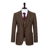 Country Brown Windowpane Tweed 3 Piece Suit - Yoosuitan