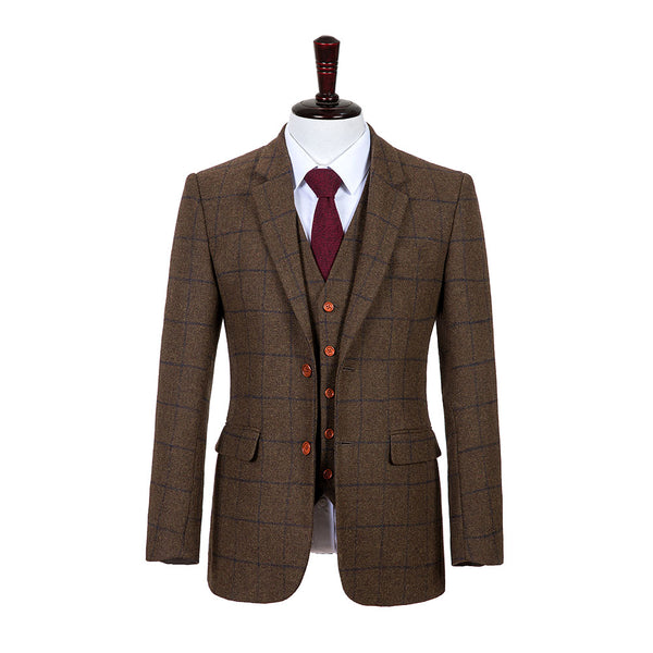 Country Brown Windowpane Tweed 3 Piece Suit - Yoosuitan