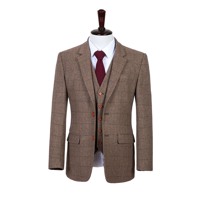 Brown Estate Herringbone Tweed 3 Piece Suit - Yoosuitan