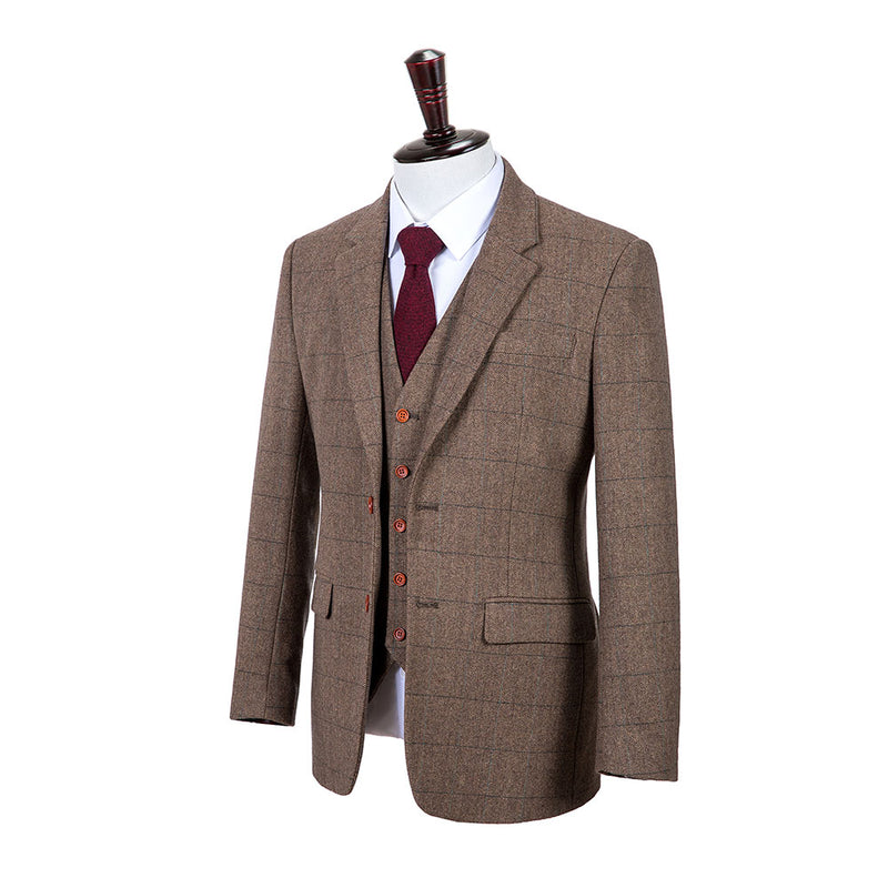 Brown Estate Herringbone Tweed 3 Piece Suit - Yoosuitan