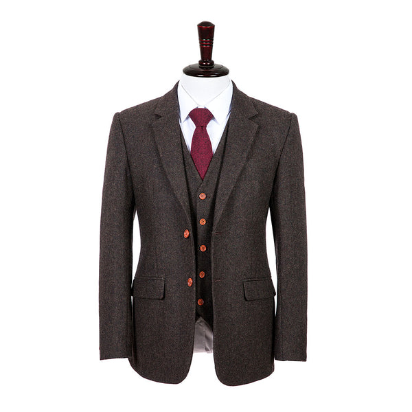 Dark Brown Herringbone Tweed 3 Piece Suit - Yoosuitan
