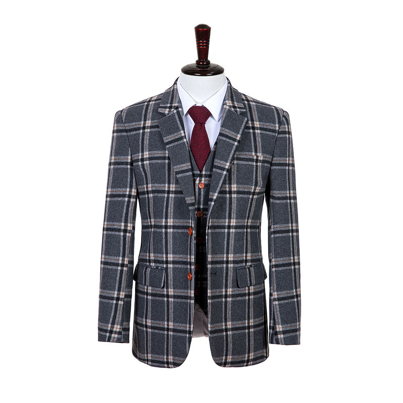 Grey Windowpane Plaid Tweed 3 Piece Suit - Yoosuitan