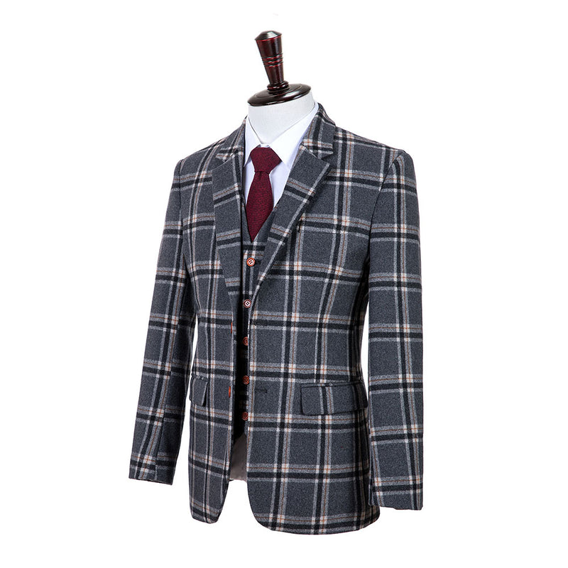 Grey Windowpane Plaid Tweed 3 Piece Suit - Yoosuitan