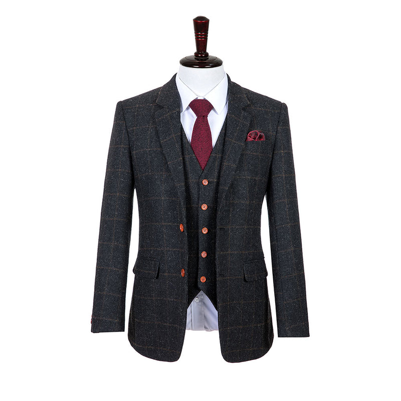 Grey Windowpane Tweed 3 Piece Men Suit - Yoosuitan