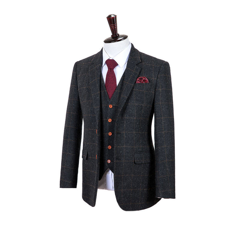 Grey Windowpane Tweed 3 Piece Men Suit - Yoosuitan