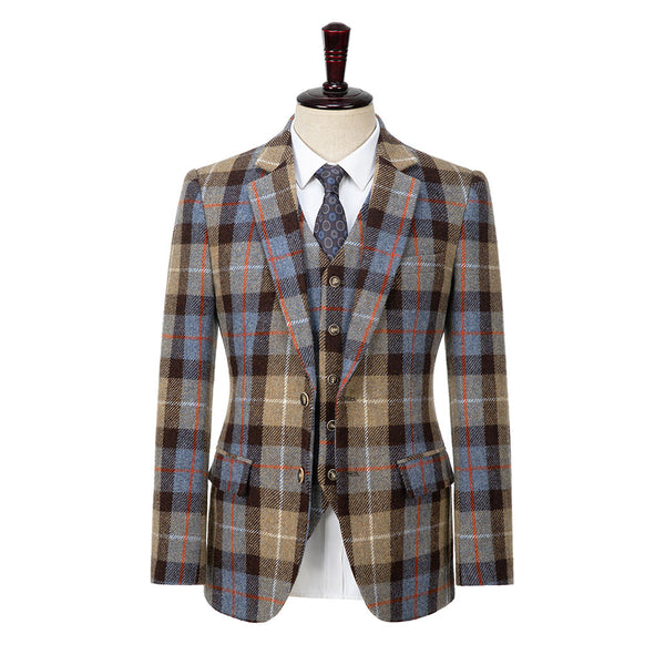 Camel Blue Windowpane Twill Tweed 3 Piece Suit - Yoosuitan