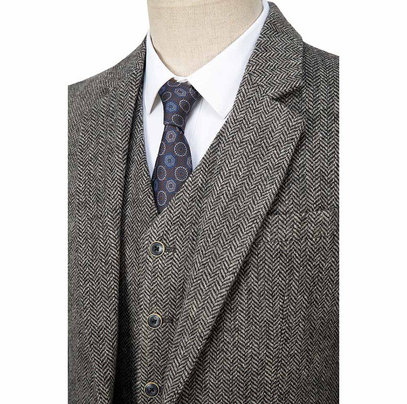 Light Grey Herringbone Tweed 3 Piece Suit - Yoosuitan