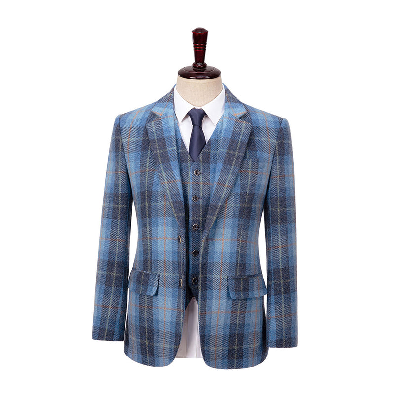 Blue Windowpane Twill Tweed 3 Piece Suit - Yoosuitan